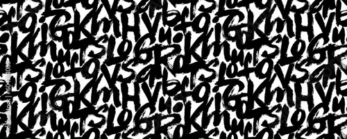 Graffiti seamless pattern with bold alphabet letters. Brush drawn grunge calligraphy pattern. Letters of the alphabet in random order. Vector black textured brush strokes. Abstract typography banner.