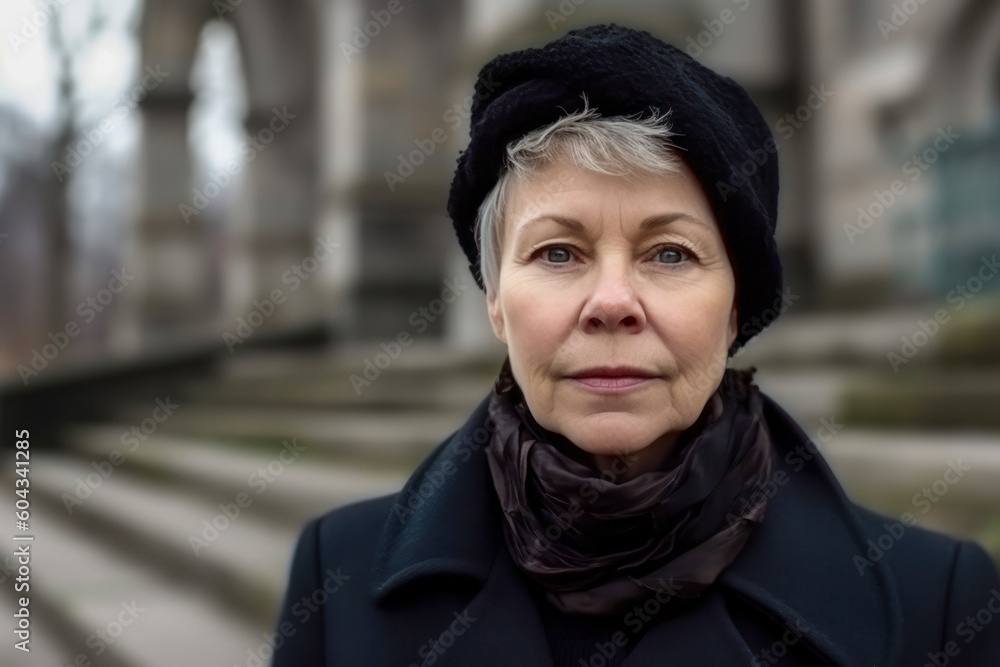55 year old woman wearing black with church background. Generative AI. 55 year old woman wearing black with church background. Generative AI.