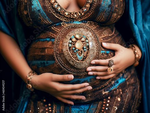 Pregnant Hindu woman's belly, embellished with a stunning jewelry piece. 