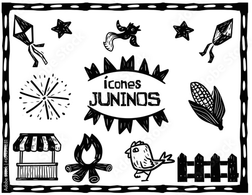 June icons set. Quite useful for themes of São João festivities, traditional in the northeast of Brazil. Separated vectors in woodcut and cordel literature style.