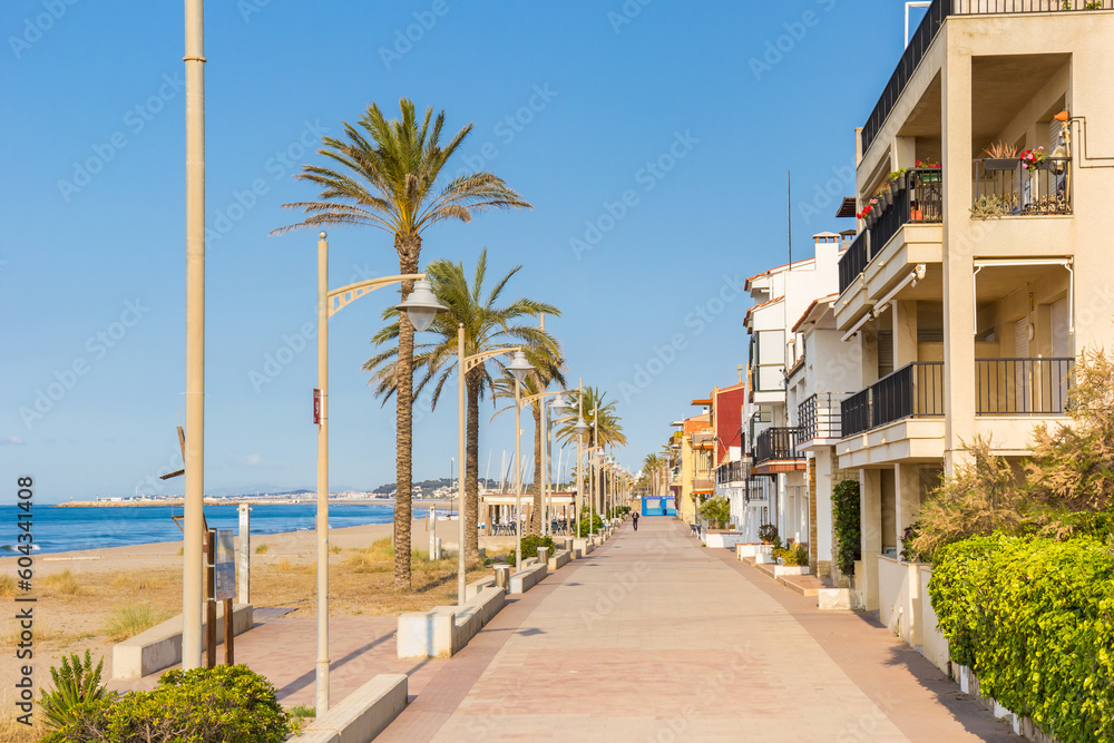 Palmtrees and the boulevard at the beach of Comarruga, Spain Palmtrees and the boulevard at the beach of Comarruga, Spain