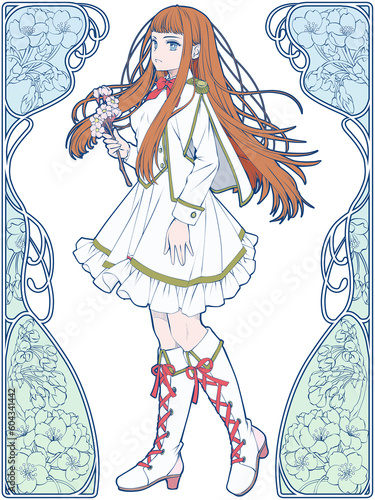 桜の枝を持った白い軍服風ドレスの少女と桜の花のアールヌーボー風フレーム