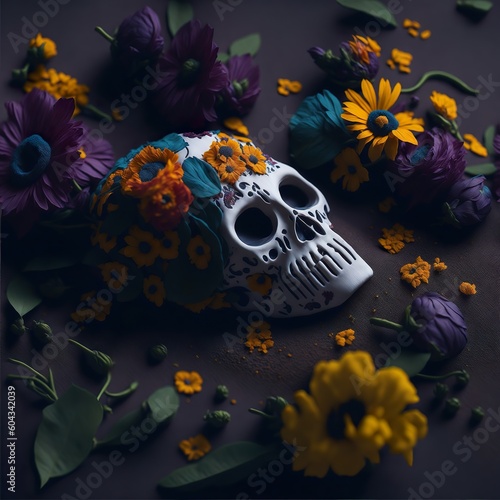 Dia de los muertos mask between colorful flowers. Mexican day of the death mask. Created with generative AI.