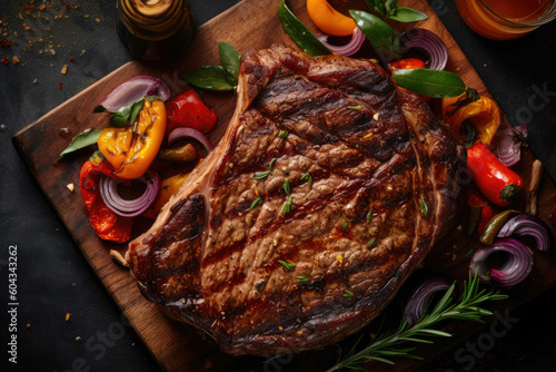 Freshly fried oilly Ribeye. Garnished with colourful fresh vegetables. Generative AI photo