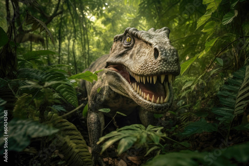 In the midst of a dense jungle, the imposing T. rex emerges from behind a tangle of vines. Generative AI © AIproduction