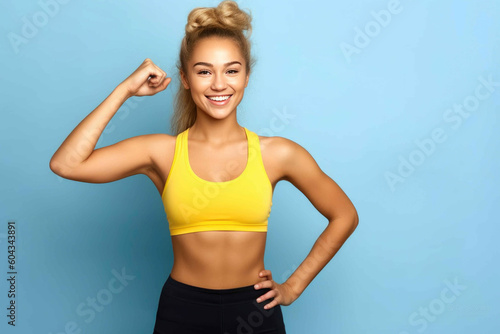 Young woman with blond hair in fitness clothing standing against blue background. Generative AI
