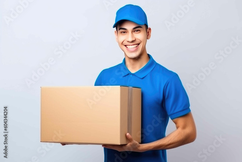 Smiling delivery man standing with Holding Box. Generative AI