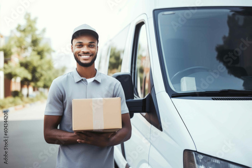 Deliveries are right on schedule. Portrait of a smiling delivery man standing in front of his van holding a package. Generative AI