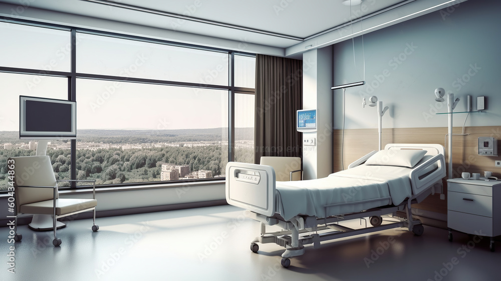 Luxurious Modern Hospital Room with City View. Generative AI Luxurious Modern Hospital Room with City View. Generative AI