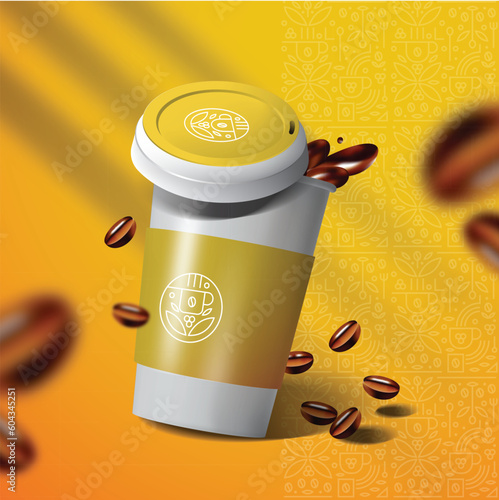 3d black coffee cup with coffee beans