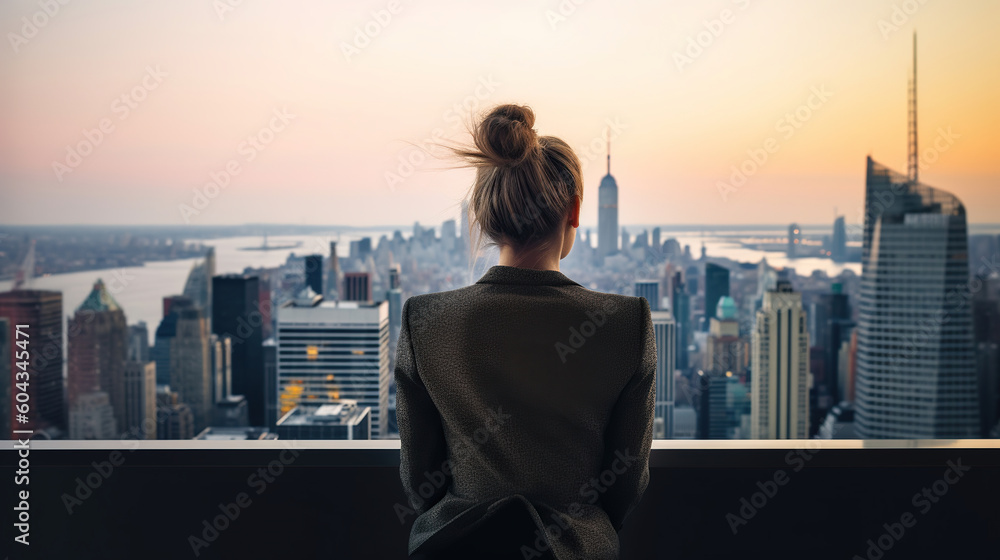 A Businesswoman Takes in the Commanding Skyscraperscape from Her Office Window. Generative AI