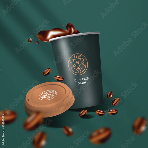 3d black coffee cup with coffee beans