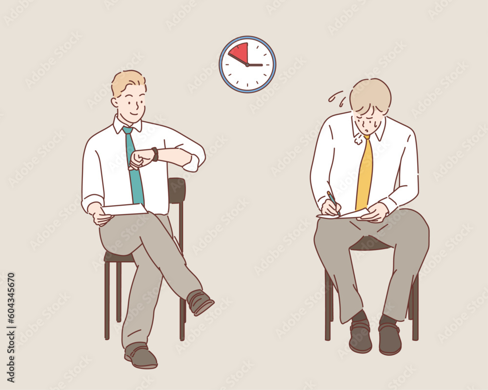 Male employee prepare project at workplace, try meet deadline or appointment. Hand drawn style vector design illustrations.