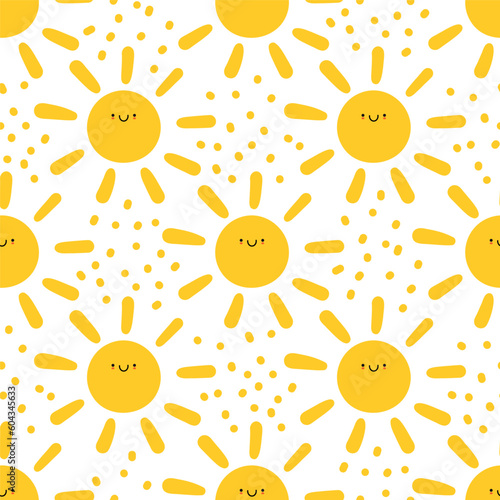 Cute sun character seamless pattern. Happy smiling sun, funny doodle print with irregular dots, confetti. Childish background. Vector illustration isolated on white backdrop