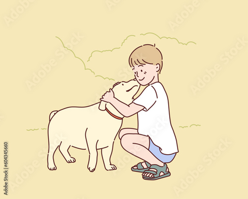 Adorable puppy dog licking kids face. Happy child hugging and petting domestic animal. Hand drawn style vector design illustrations.