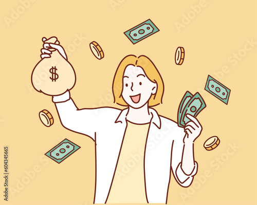 Successful american woman holding fan of money dollar bills.Hand drawn style vector design illustrations.