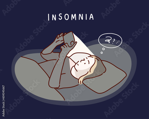 young sleepy exhausted woman lying in bed using smartphone at late night, can not sleep.Insomnia. Hand drawn style vector design illustrations.