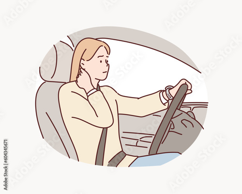 woman with pain at her neck after driving. Hand drawn style vector design illustrations.