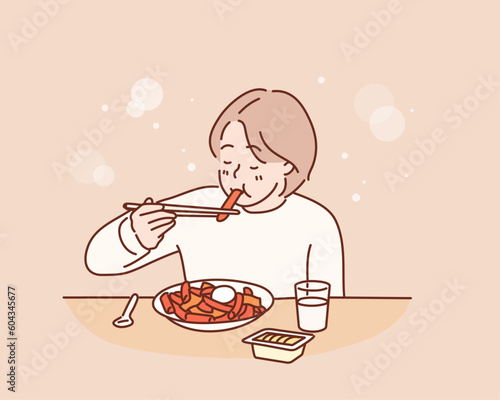 girl sitting and eating tteokbokki . Hand drawn style vector design illustrations.