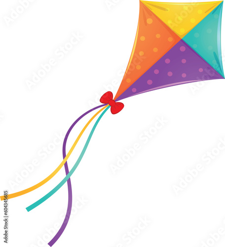 Colored flying kite air game entertainment freedom joy recreation with bright ribbons vector flat