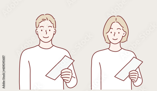 people holding a blank white paper. Hand drawn style vector design illustrations.