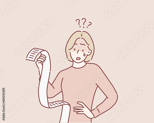 woman  holding a paper feels headache and worries about paying a lot of bills. Hand drawn style vector design illustrations.