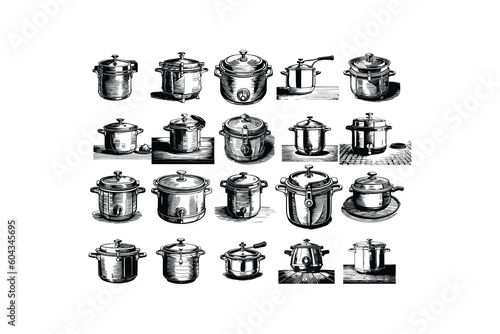 20 Vintage Pressure cooker vector set, illustration.