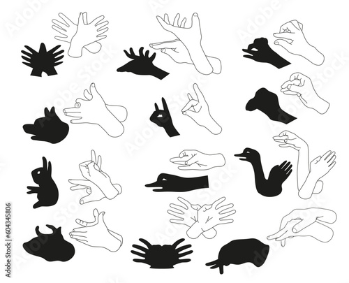 Human hand shadow animal black silhouette line monochrome set vector illustration