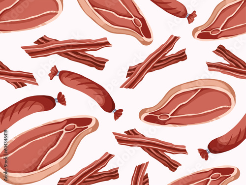 Three types of meats form. Bacon, sliced meat, and sausage vector illustration pattern isolated on light horizontal background template. Simple flat yummy and delicious food drawing with cartoon style