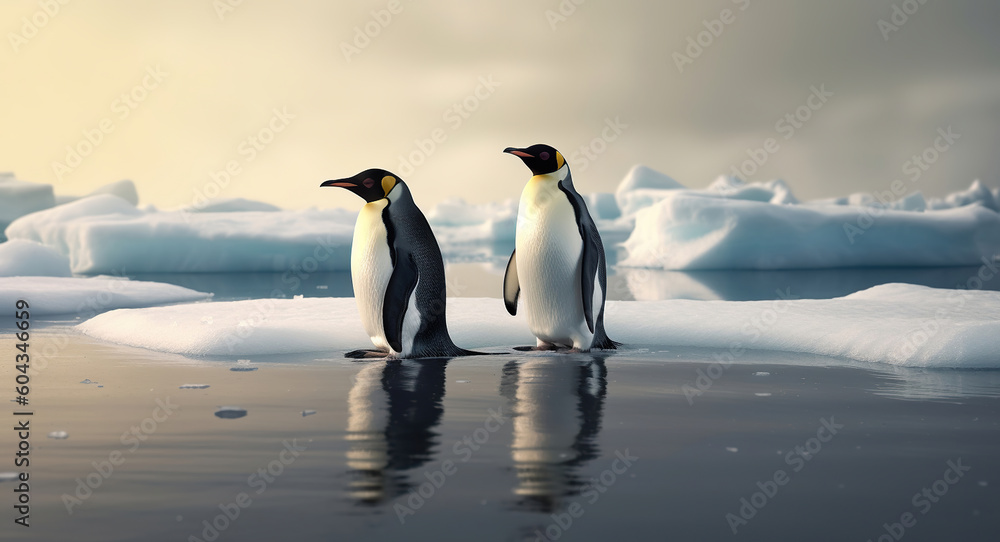 Two cute emperor penguins confused by ice melting, world global planet climate change. Generative AI