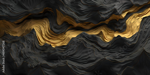 Abstract flowing fabric background. Black and gold colors, Generative AI