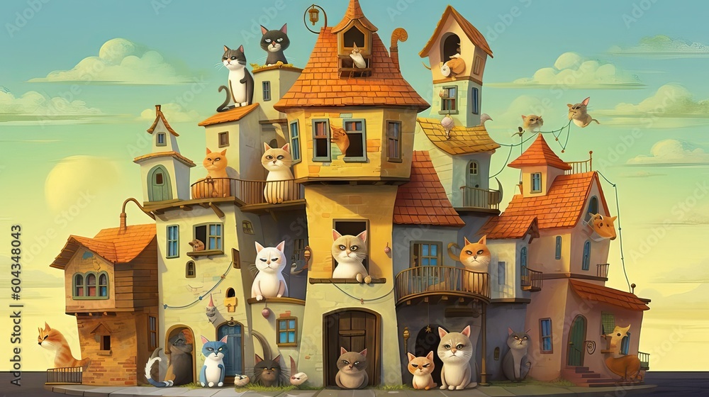 An illustration of a building run by cats, highlighting whimsy and feline dominance. Generative AI