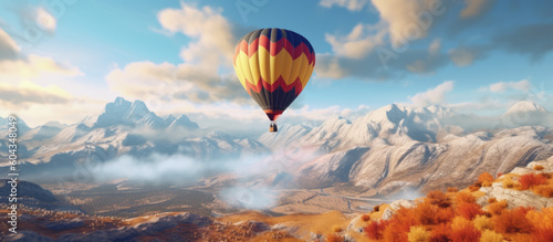 Hot air balloon flying over a serene and tranquil landscape. Generative AI