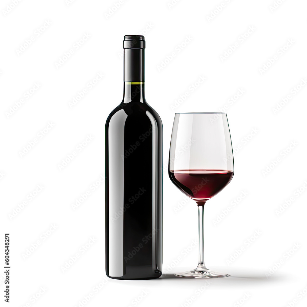 A sophisticated glass of red wine with a bottle, isolated on a white background, created by Generative AI A sophisticated glass of red wine with a bottle, isolated on a white background, created by Generative AI