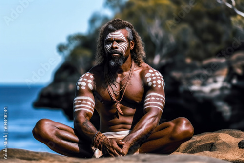 Aboriginal Australian Man Meditating On A Rocky Outcropping By The Ocean - Generative AI