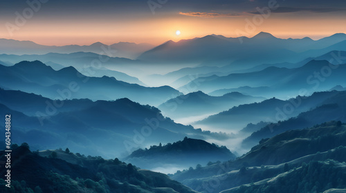 a misty mountain range at dawn. generative AI
