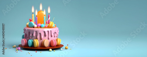 colorful cake decorated with sweets on a blue background poured with chocolate. Place for your text Concept, 3d render illustration, Generative AI