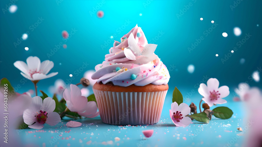 Festive cupcakes with spring flowers and sprinkles for a party. Generative AI. A place for your text. Blue background. Festive cupcakes with spring flowers and sprinkles for a party. Generative AI. A place for your text. Blue background.