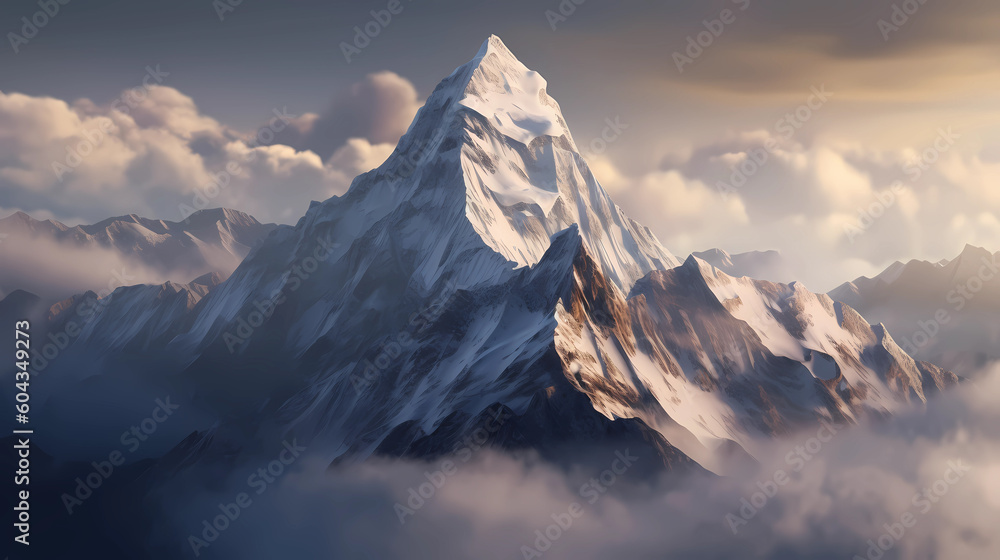 a snowy mountain peak reaching above the clouds. generative AI