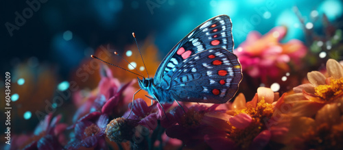 Macro photo of a dazzling brightly coloured butterfly showcasing nature's radiant colors. Generative AI