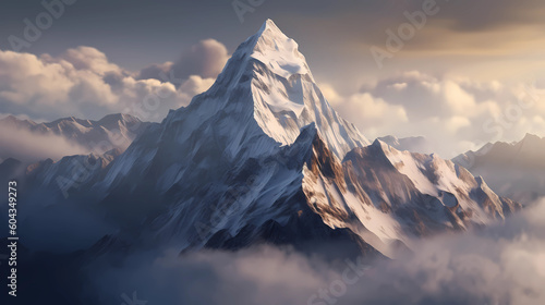 a snowy mountain peak reaching above the clouds. generative AI
