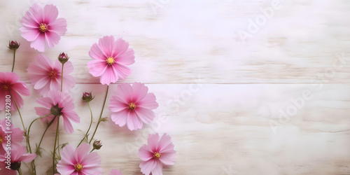 Flowers composition for Valentines  Mothers or Womens Day. Pink flowers on old white wooden background. Place for your text  copy space  empty space  Generative AI
