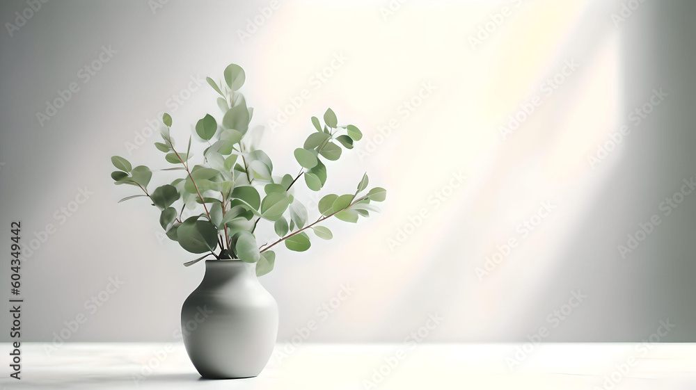 Green eucalyptus leaves in ceramic vase on white table. Front view, empty wall background. Place for text, copy space, empty space, Generative AI Green eucalyptus leaves in ceramic vase on white table. Front view, empty wall background. Place for text, copy space, empty space, Generative AI