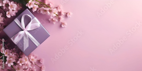  Gift box or gift box and flowers on pink table top view. Flat lay. Birthday, wedding, valentines day, march 8th concept. Place for your text, copy space, empty space, Generative AI © mizan