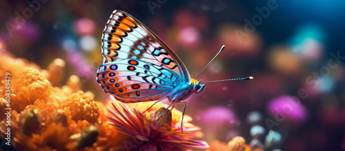 Macro photo of a dazzling brightly coloured butterfly showcasing nature's radiant colors. Generative AI