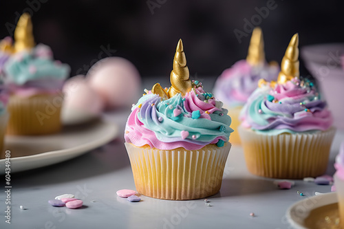 Enchanting Unicorn Cupcakes for a Magical Birthday Party. created with Generative AI © photobuay