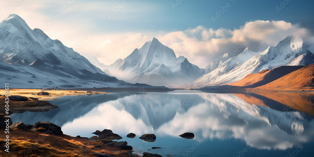 Majestic morning view of Bachalp lake (Bachalpsee), Switzerland. Picturesque autumn scene of Swiss alps, Grindelwald, Bernese Oberland, Europe. Beauty 