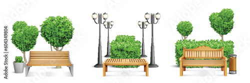 Realistic Wooden Park Benches Composition Set
