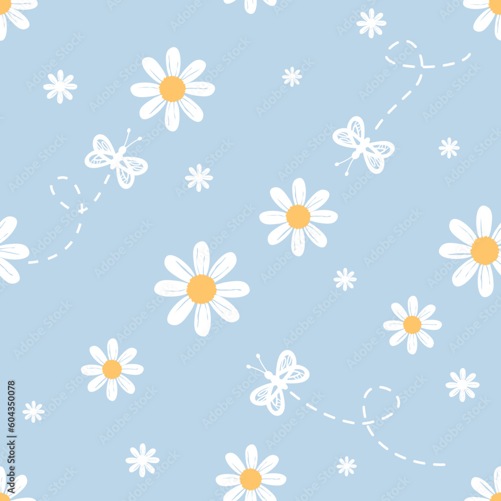 Seamless pattern with daisy flower with butterfly cartoons on blue background vector. Seamless pattern with daisy flower with butterfly cartoons on blue background vector.