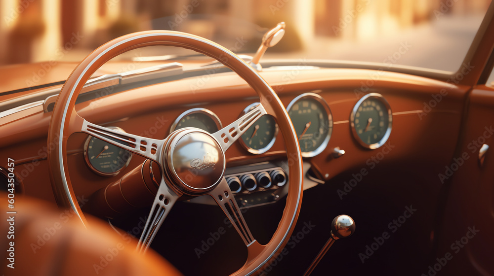 a vintage car's steering wheel and dashboard. generative AI